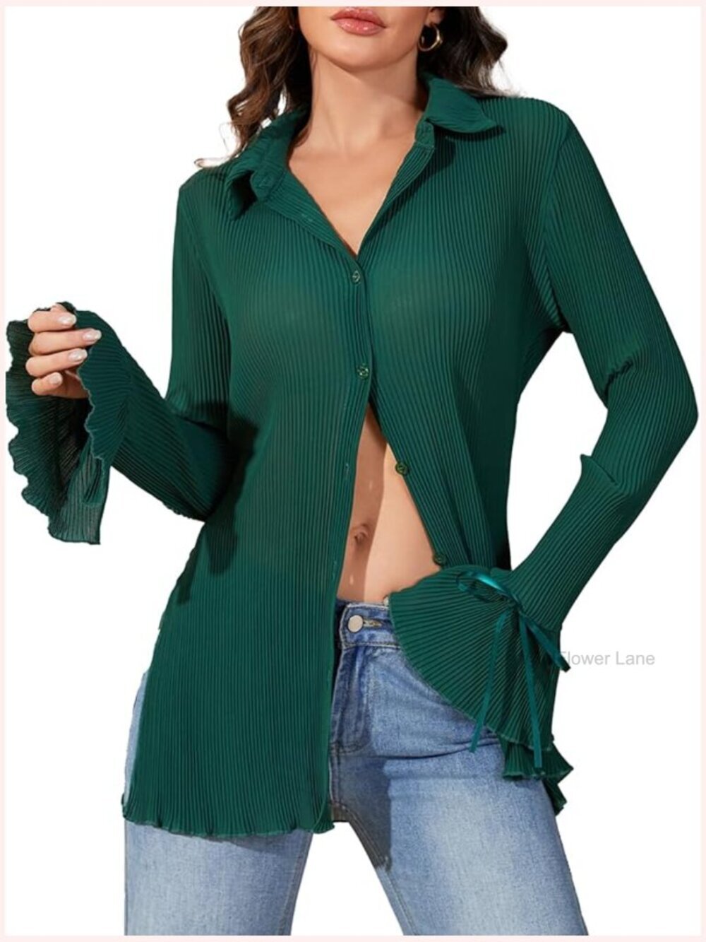 V Neck Bell Sleeve Button Down Blouse Long Tunic Top Casual